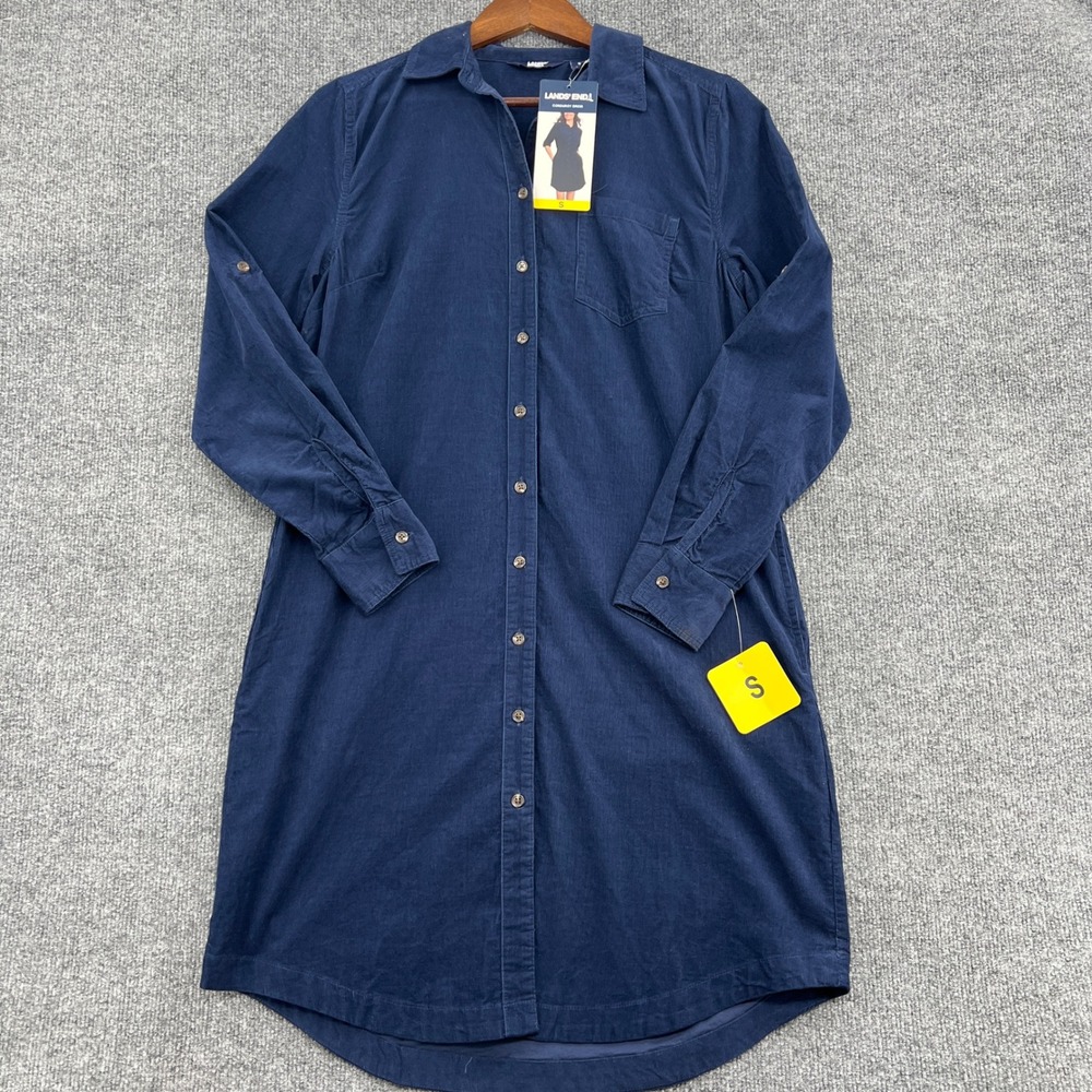 Lands End Corduroy Dress Women S Navy Blue Button Cotton Casual Coastal Preppy